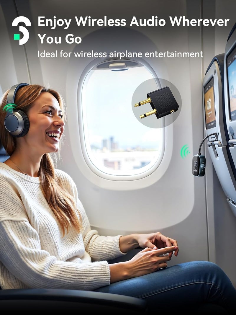 SOOMFON Airplane Bluetooth 5.3 Transmitter for 2 Airpods or Headphones 2-in-1 Airplane Bluetooth Adapter Receiver with LCD Display 3.5mm for Plane Flying Gym Car Home Stereo - Image 2